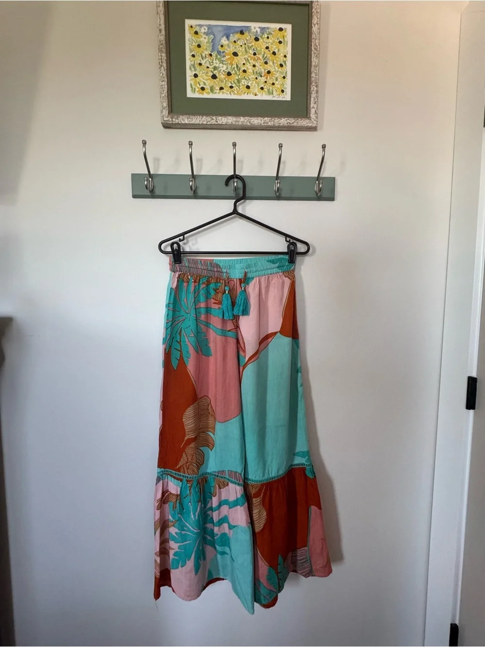 True Destination Wide-Leg Bohemian Printed Pant in Teal, Pink & Rust - Picture 1 of 3